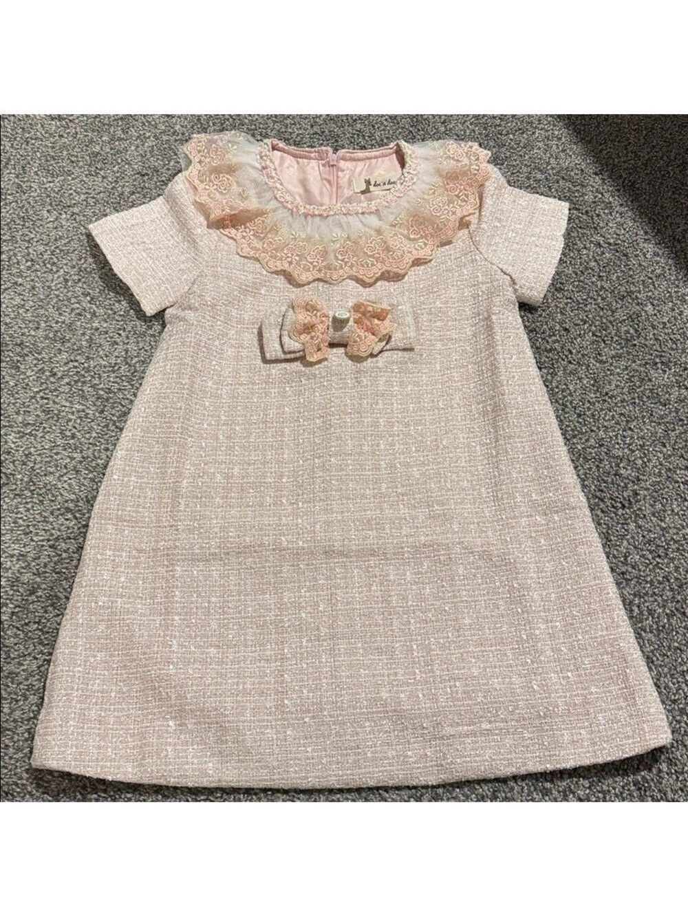 Pink tweed  Dress with Bow and Ruffled Collar - Picture 2 of 5